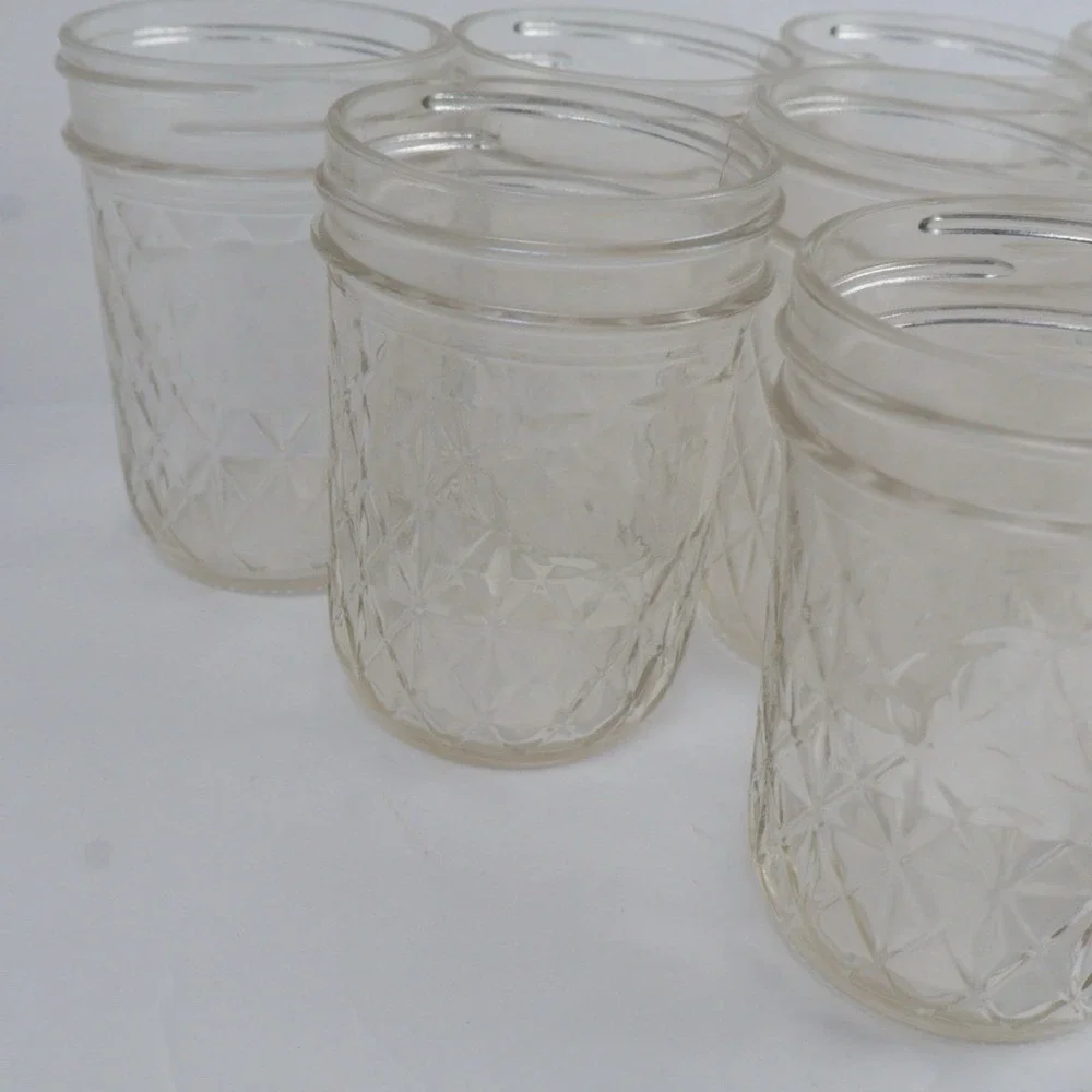 9 VTG Quilted Crystal Glass Jelly Jars Jam Canning Mason Homemakers 8 oz